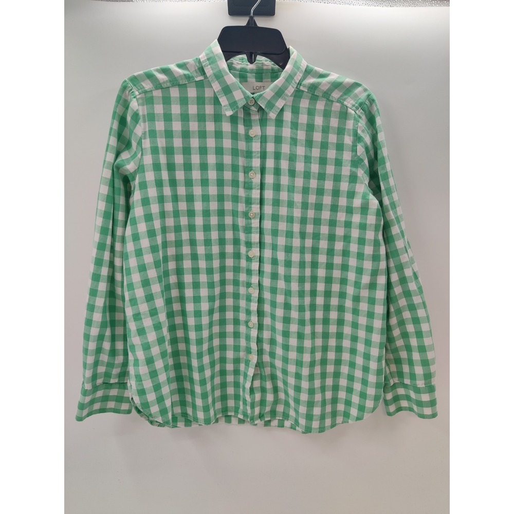 LOFT Womens Green White Gingham Check Cotton Button Down Shirt Size M LongSleeve